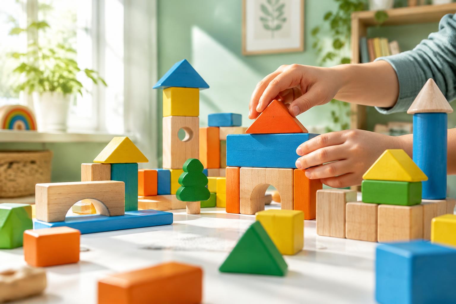 Hands building a colorful wooden block town